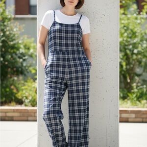Emory Park Plaid Wide Leg Jumpsuit Size L NWT Blue Check
